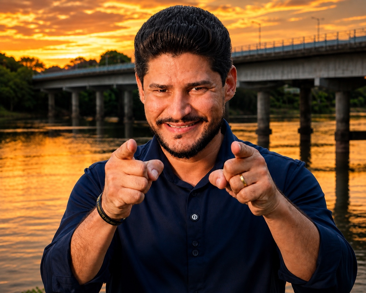 Carlos Deicke apontando para frente diante de uma ponte em Rondônia